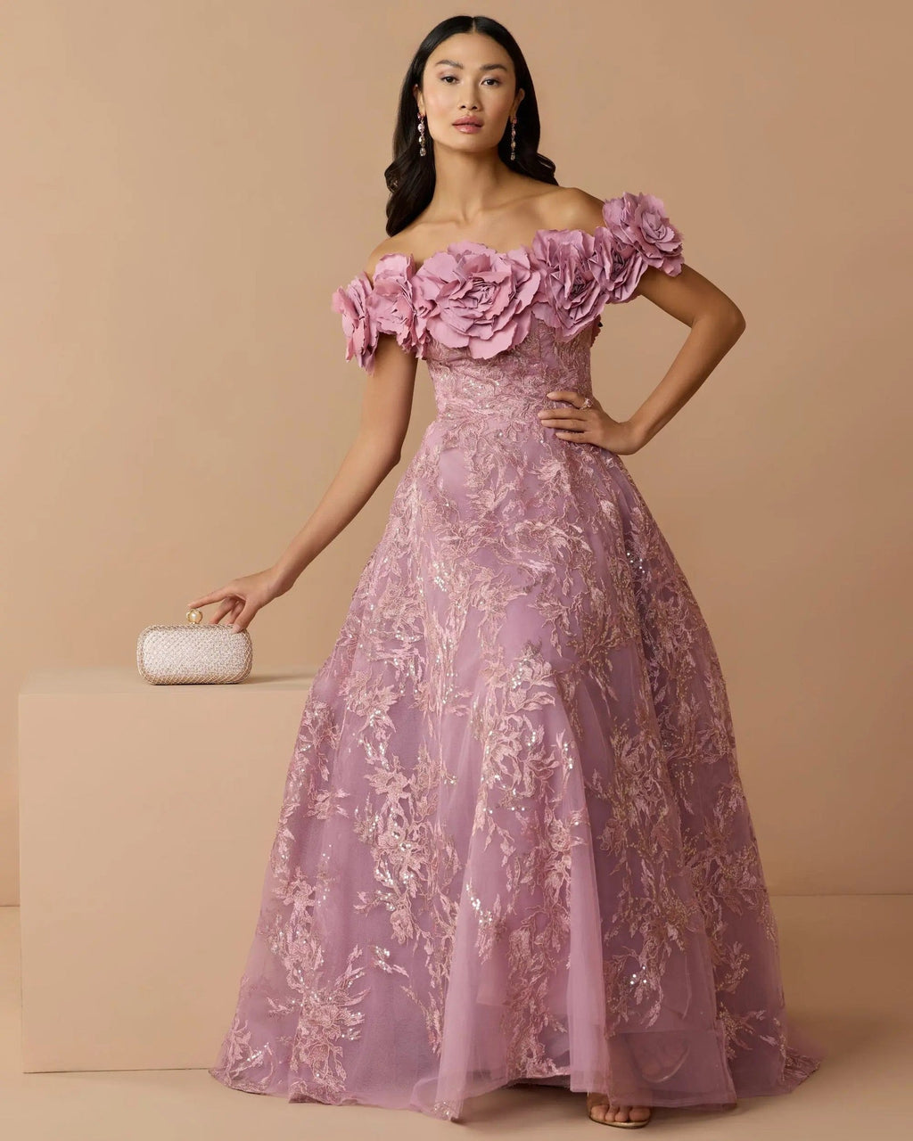 Mauve Off The Shoulder 3D Floral Embroidered A-Line Gown
