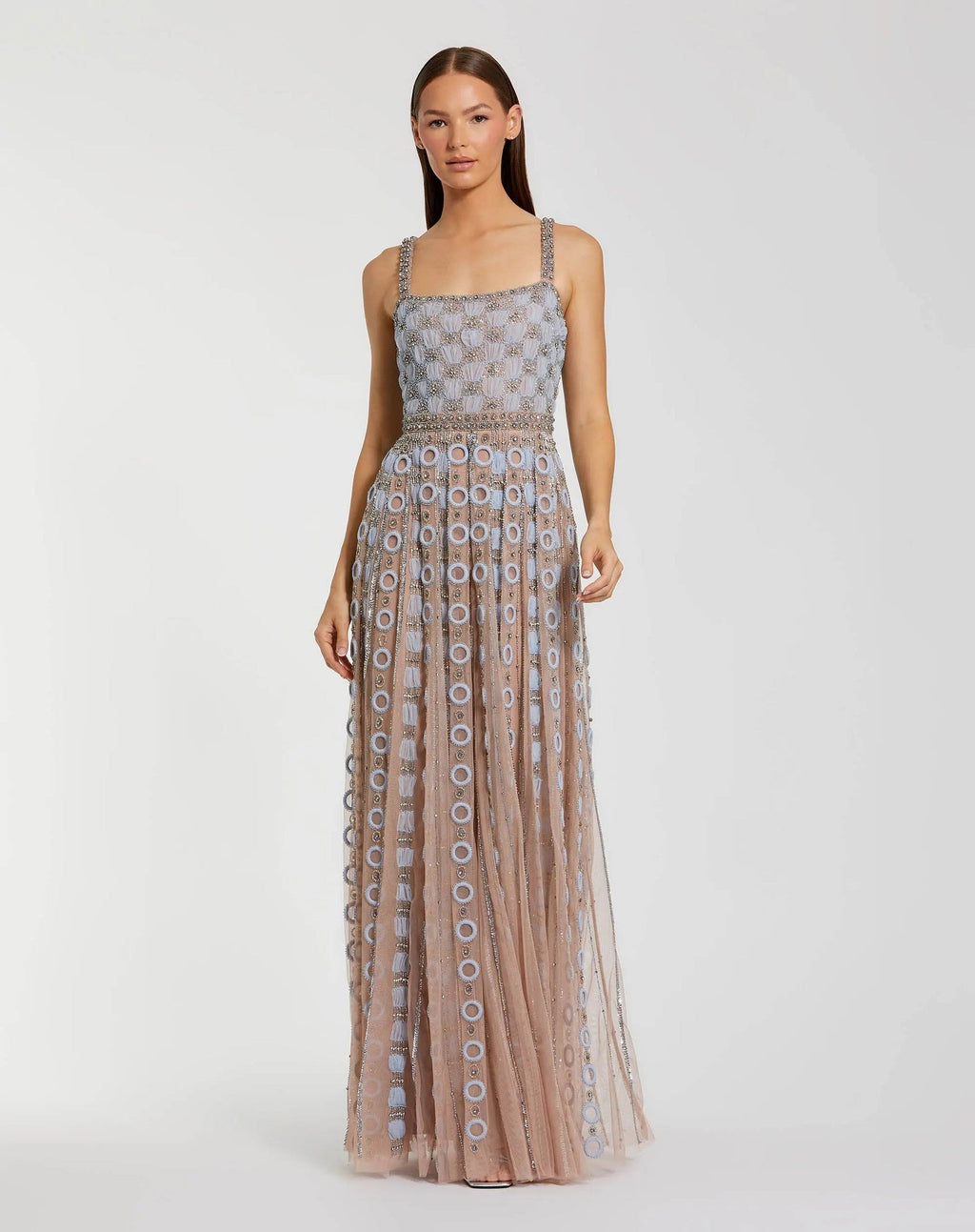 Petite Powder Blue Sleeveless Embellished A-line Gown