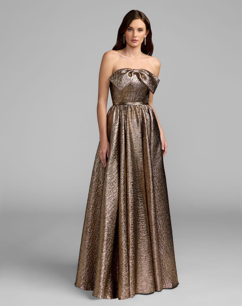 Antique Bronze Metallic Strapless Gown With Bow