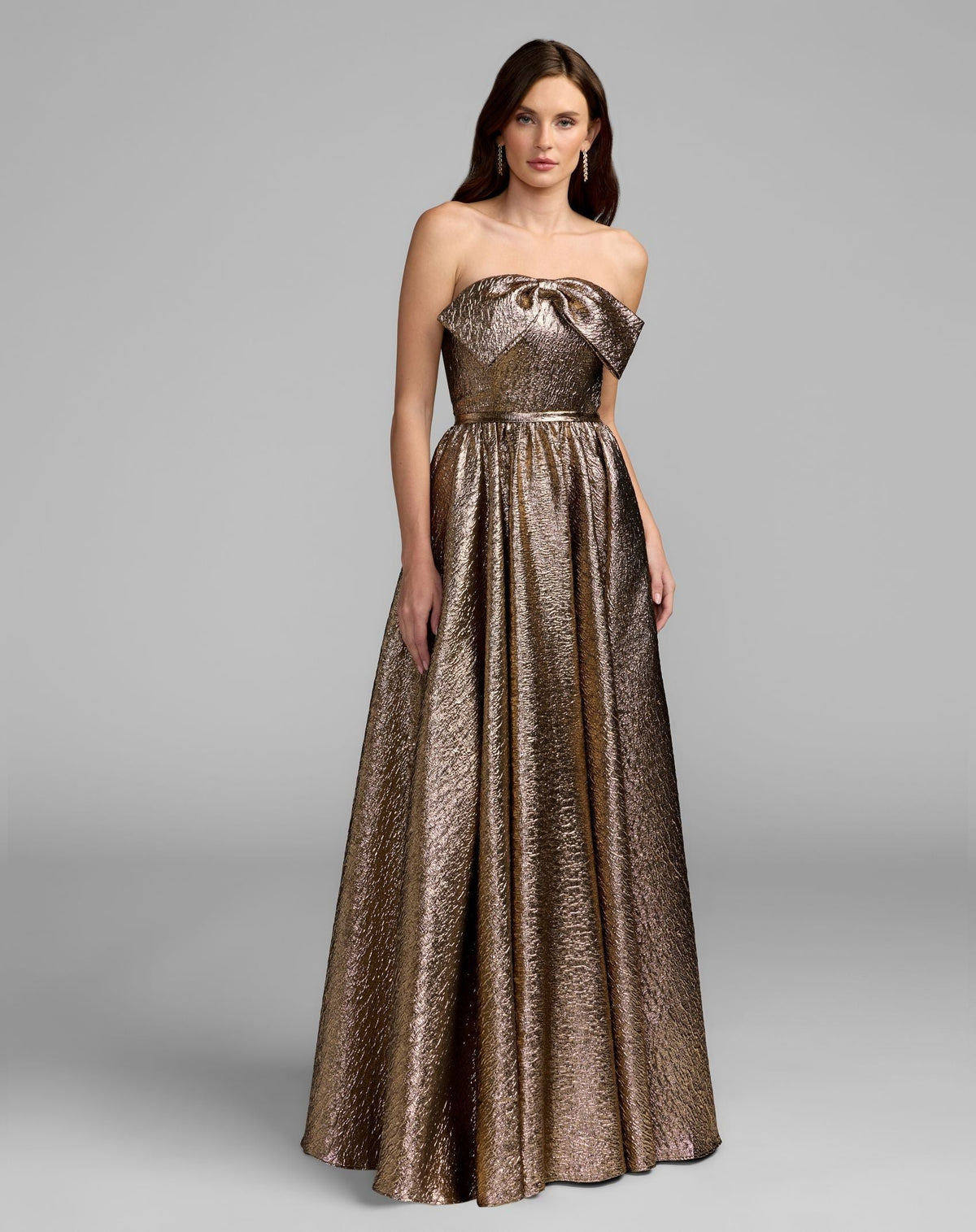 Antique Bronze Metallic Strapless Gown With Bow