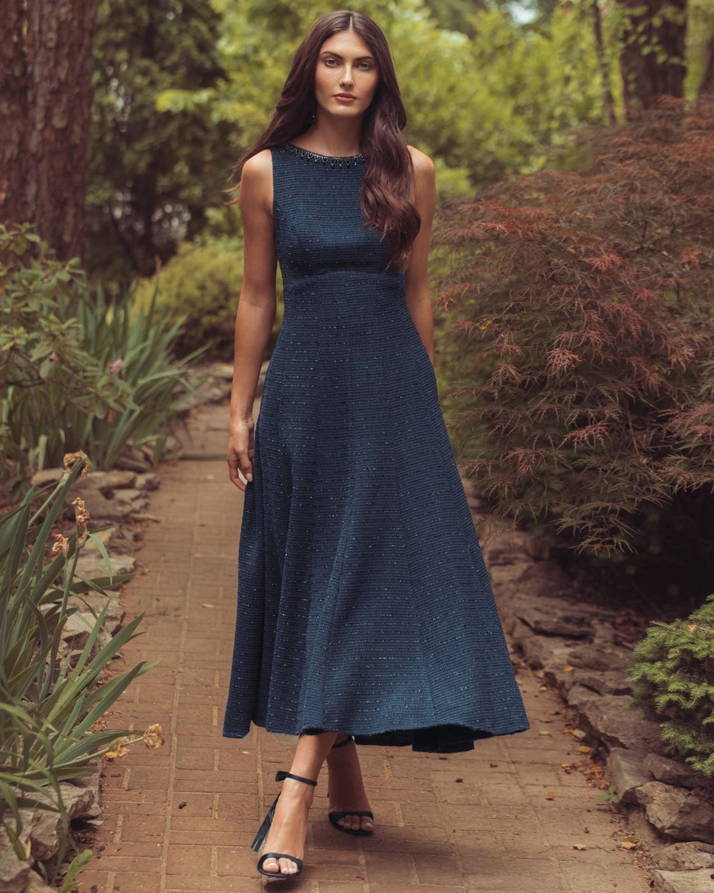Navy Sleeveless A-Line Boucle Midi Dress