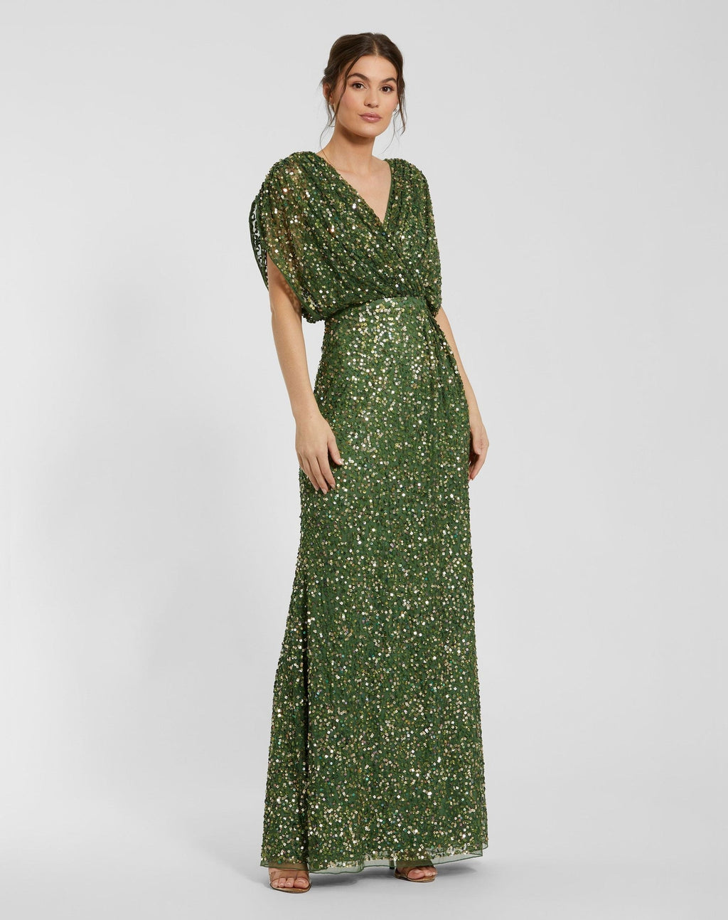 Draped Sleeve V Neck Gown