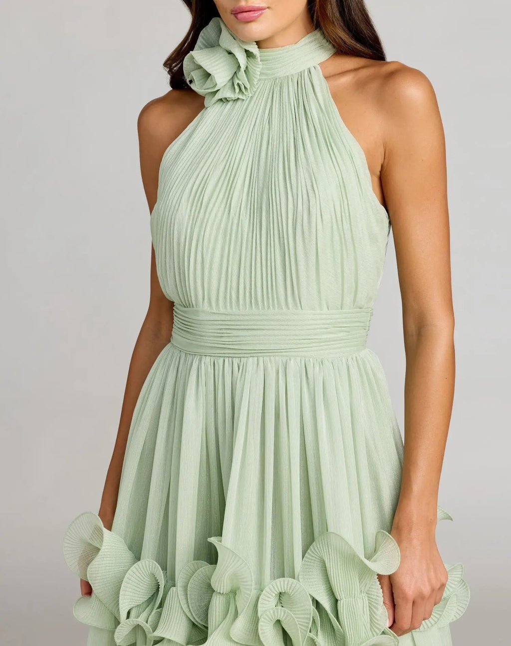 Green Sleeveless Chiffon Halter Neck Ruffle Midi Dress
