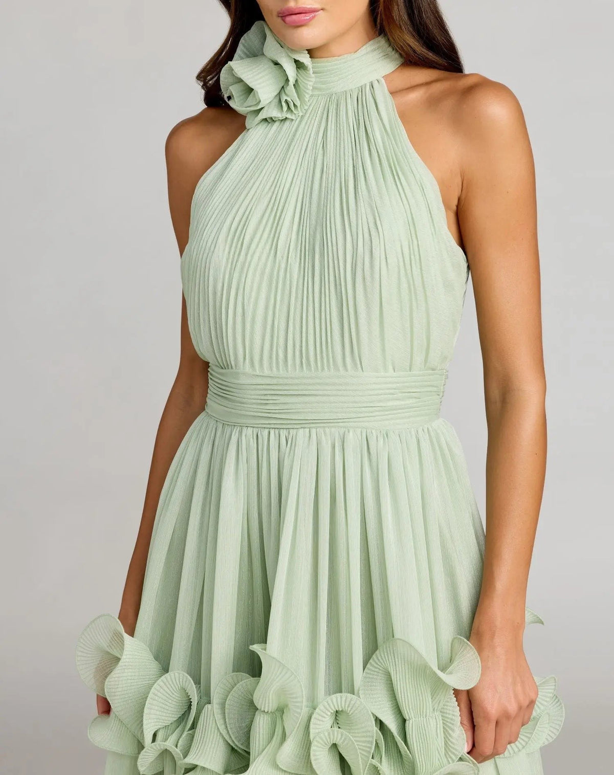 Green Sleeveless Chiffon Halter Neck Ruffle Midi Dress