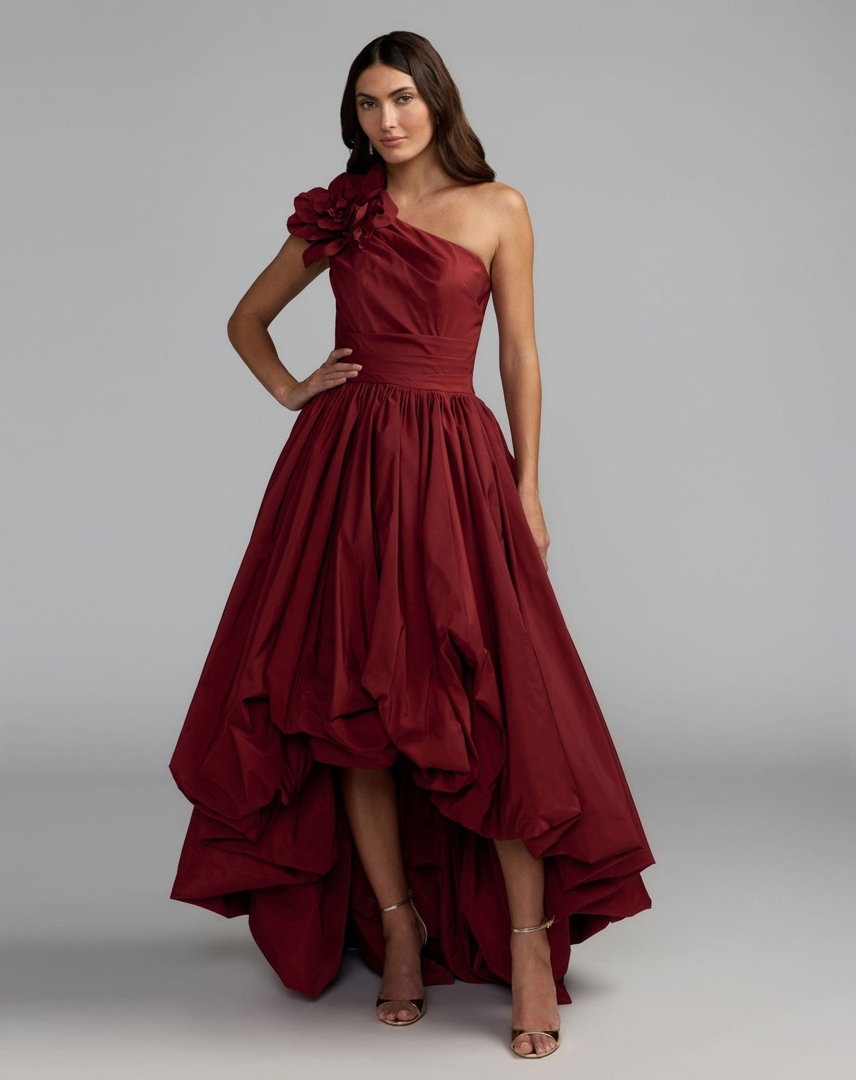 Ruby One Shoulder High Low Gown With 3D Flower
