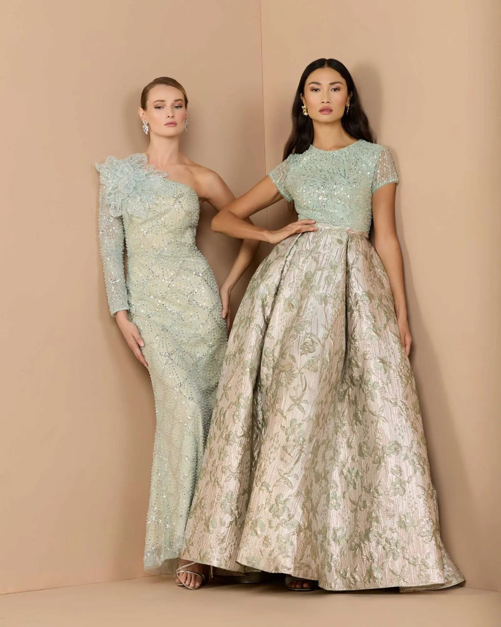 Seafoam One Shoulder Embellished Gown With Floral Accent