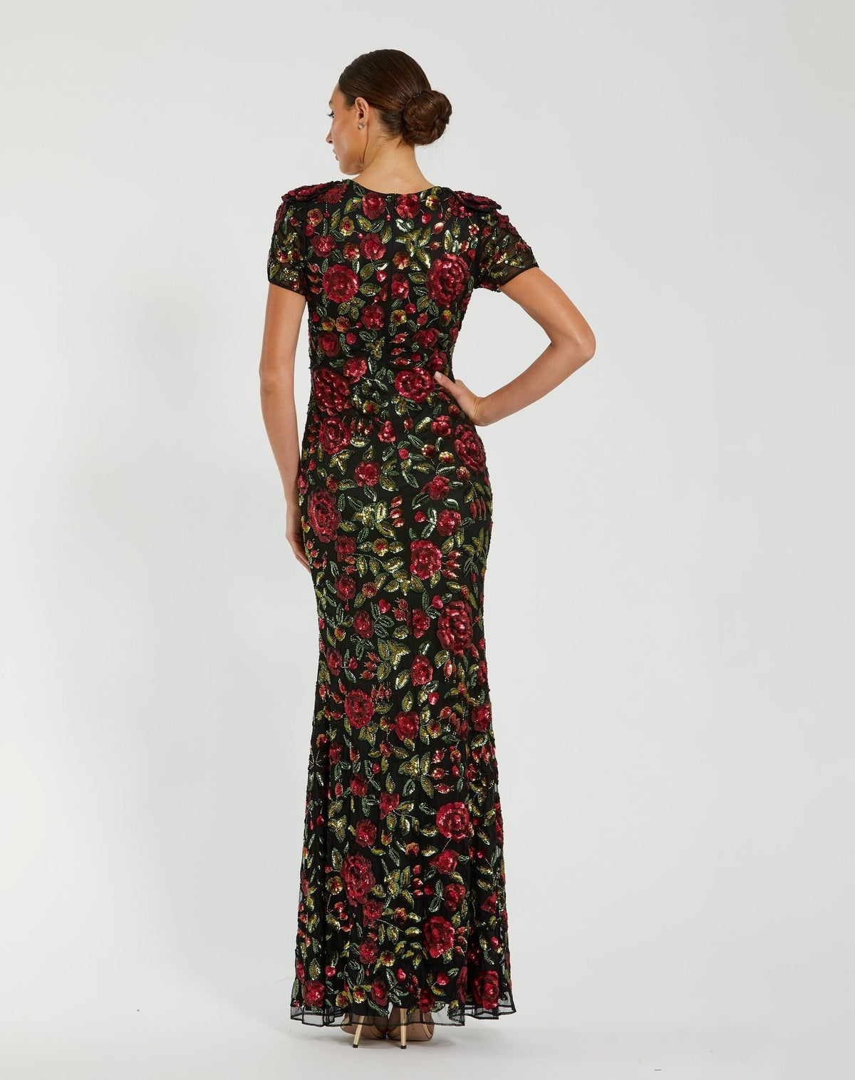 Black Multi Floral Sequin Scoop Neck Trumpet Gown
