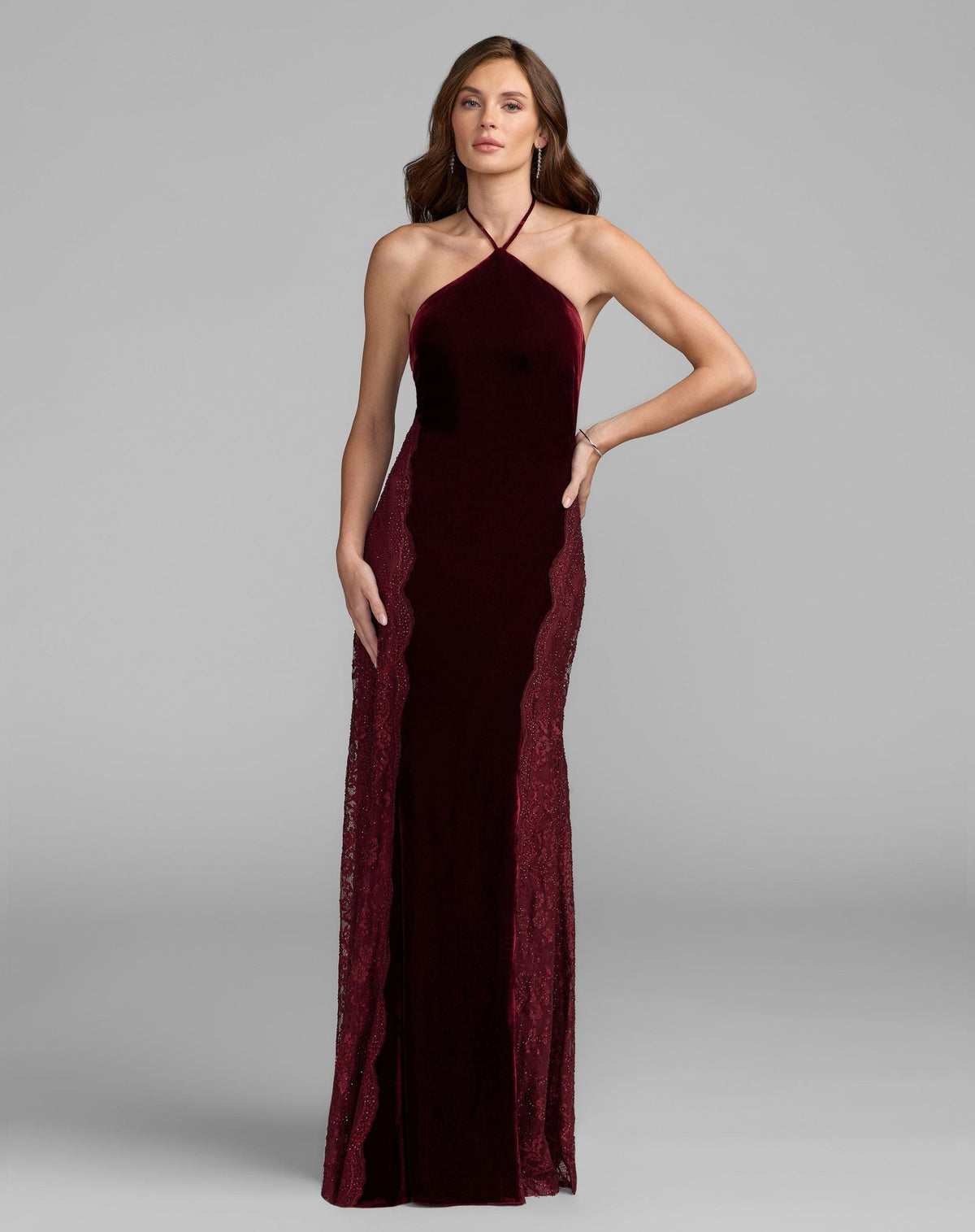 Burgundy Velvet and Lace Halter Column Gown