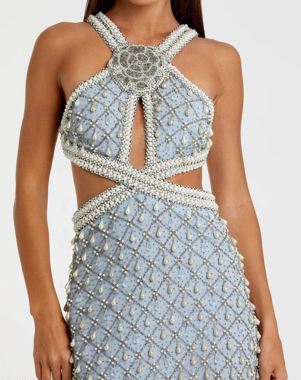 Vintage Blue Pearl Embellished Open Back Gown