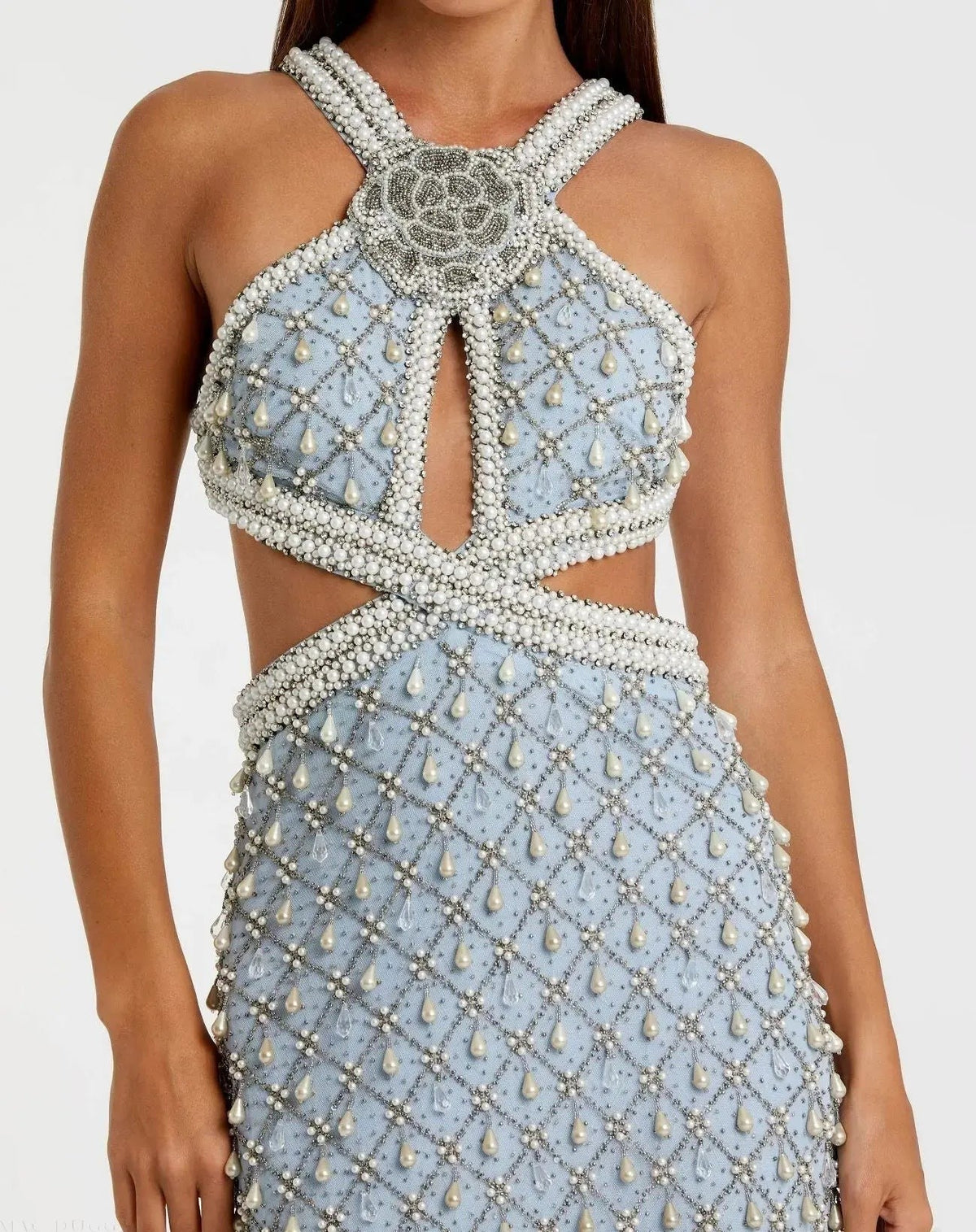 Vintage Blue Pearl Embellished Open Back Gown