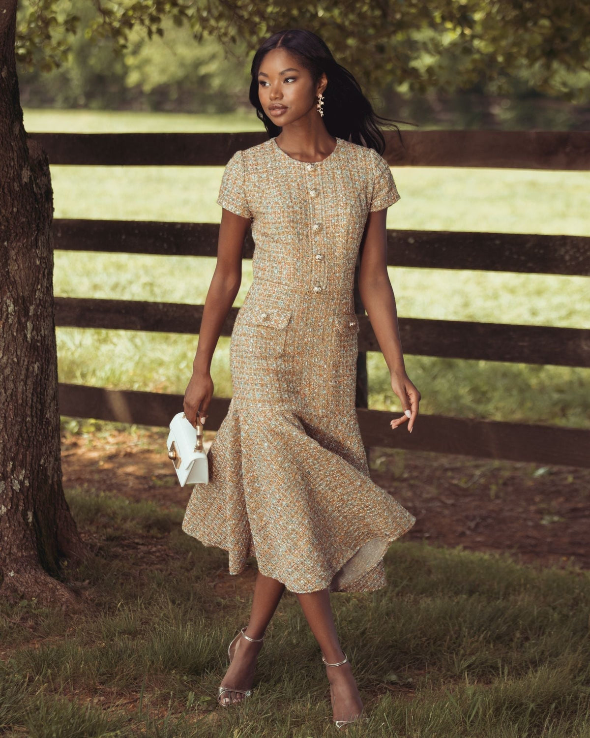 Beige High Neck Short Sleeve Boucle Midi Dress