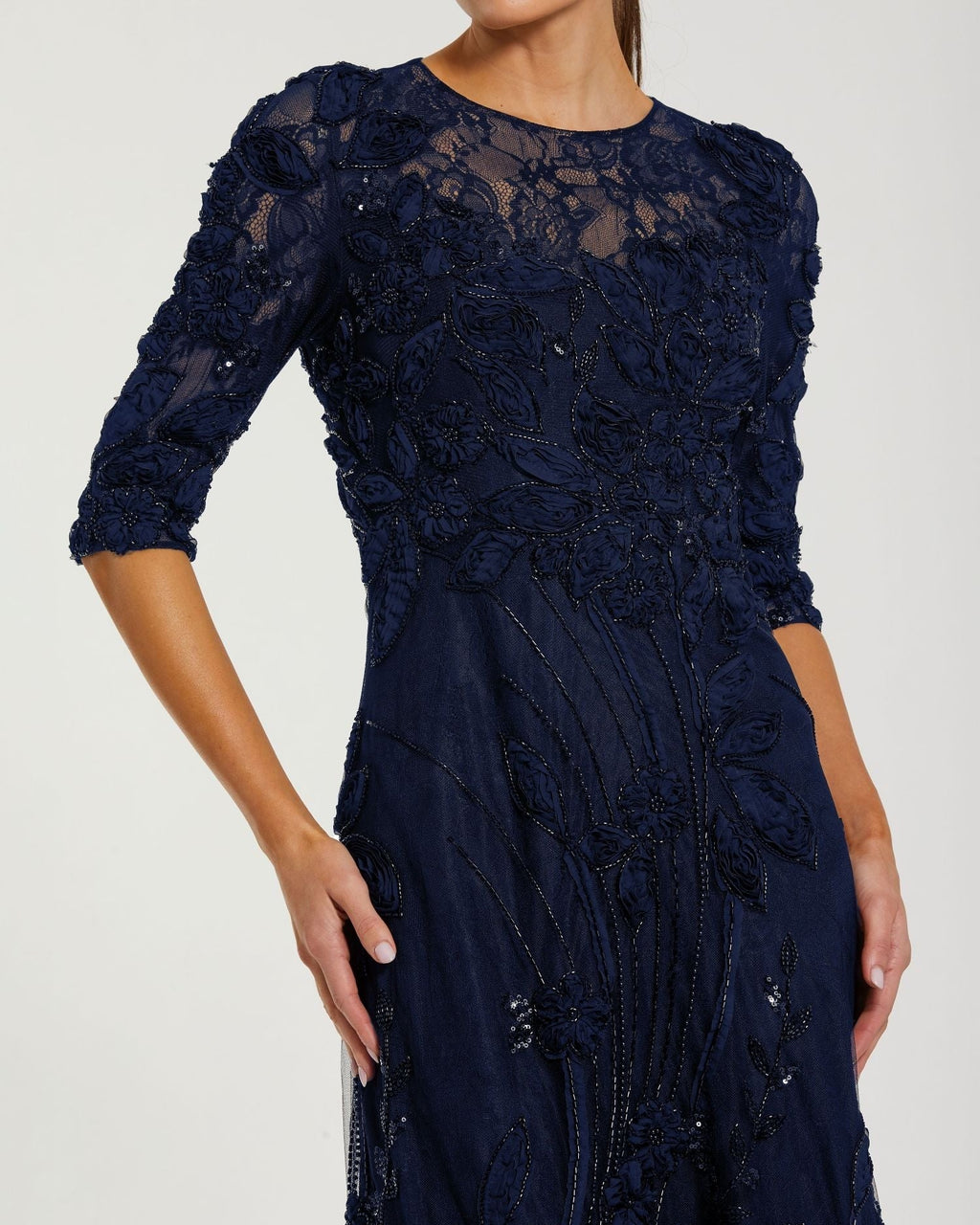 Navy High Neck Embellished Lace Gown With 3/4 Sleeves