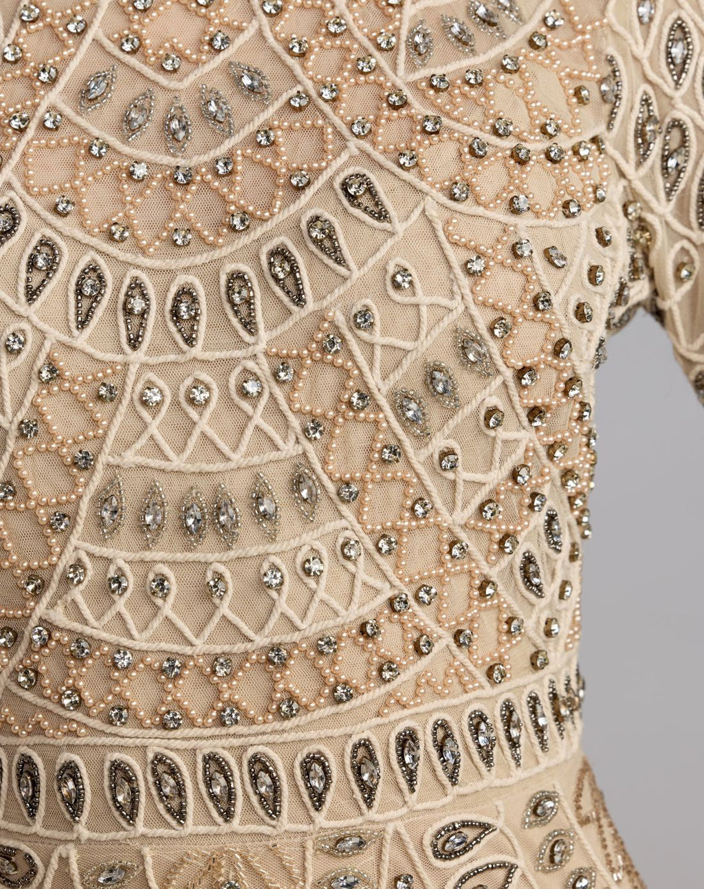 Beige Long Sleeve Hand Beaded A-Line Gown