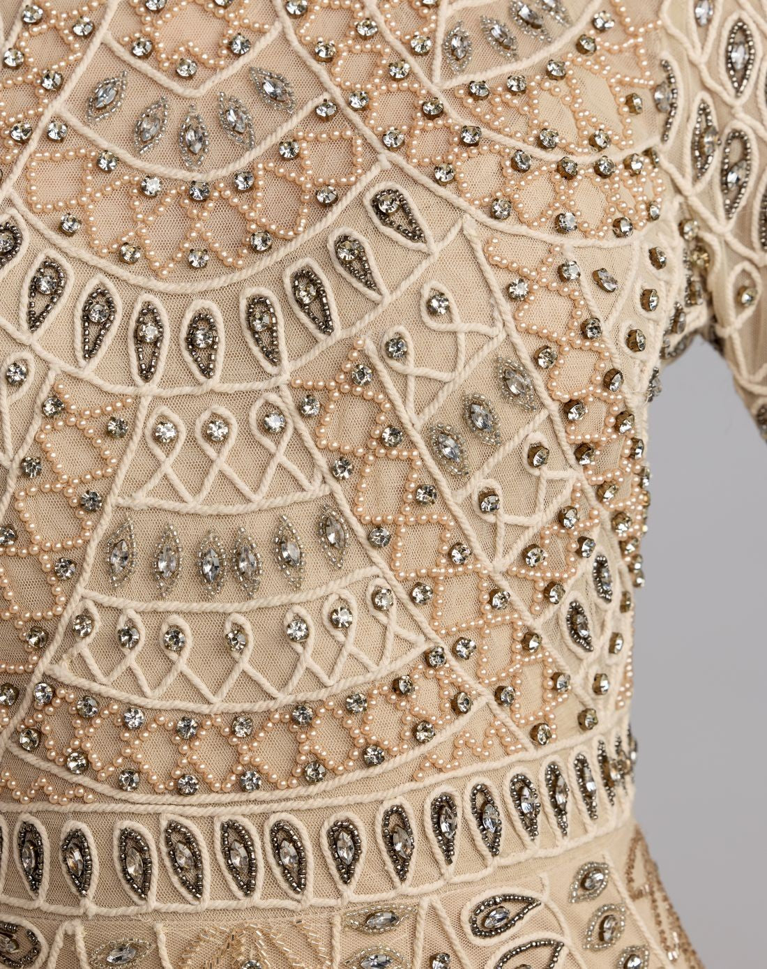 Beige Long Sleeve Hand Beaded A-Line Gown