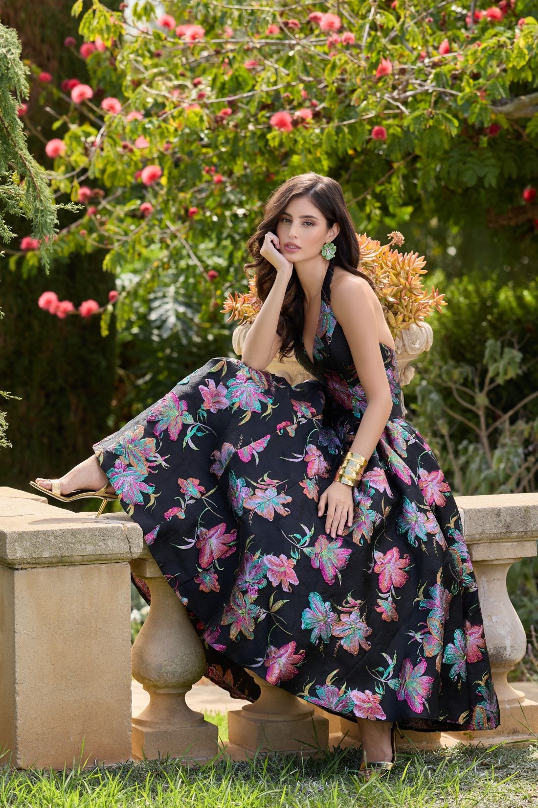 Black Brocade Halter Neck Open Back Midi Dress