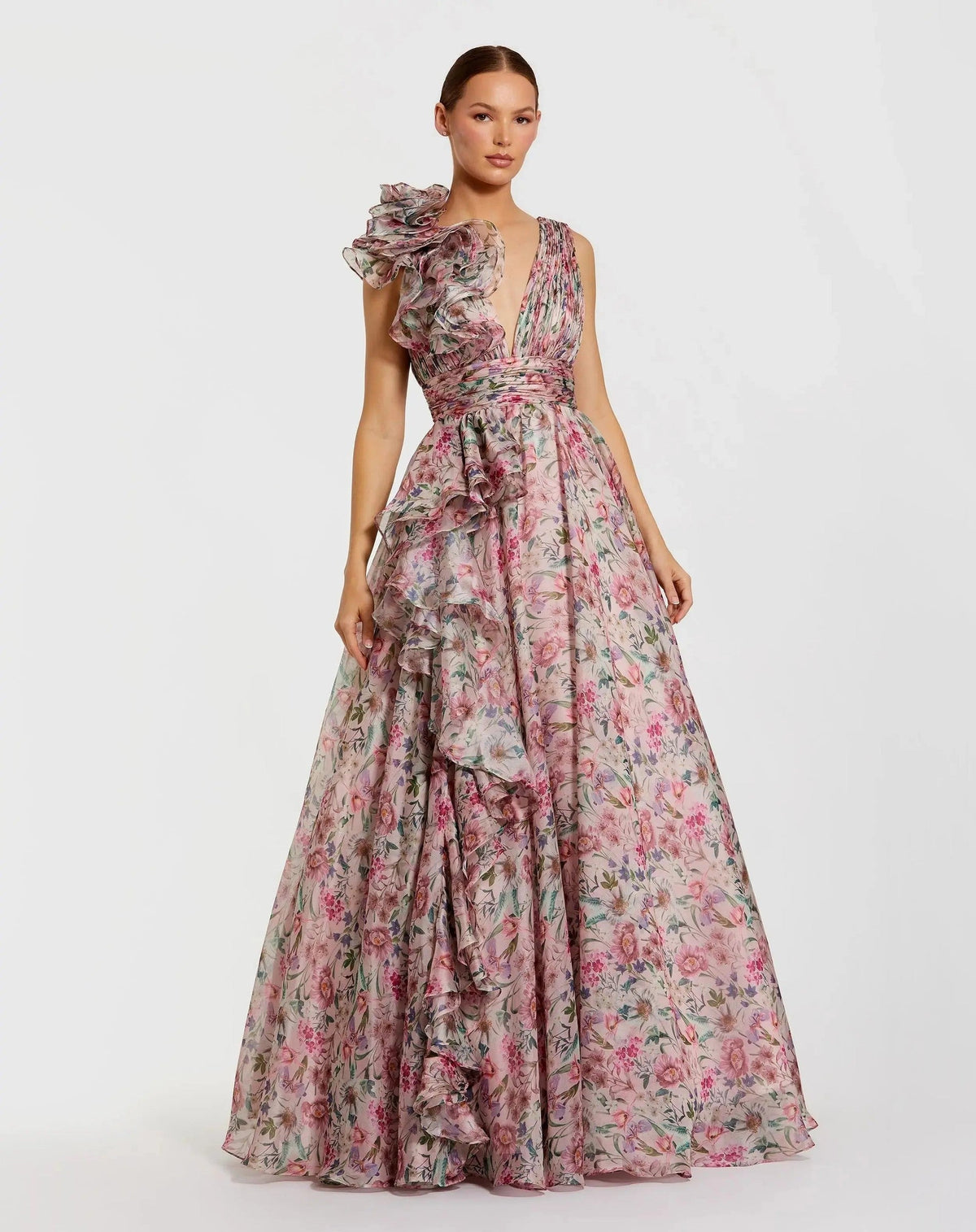 Pink Sleeveless V-Neck Floral Chiffon Ruffle Ball Gown
