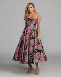 Black Multi Strapless Brocade Midi Dress With Pockets