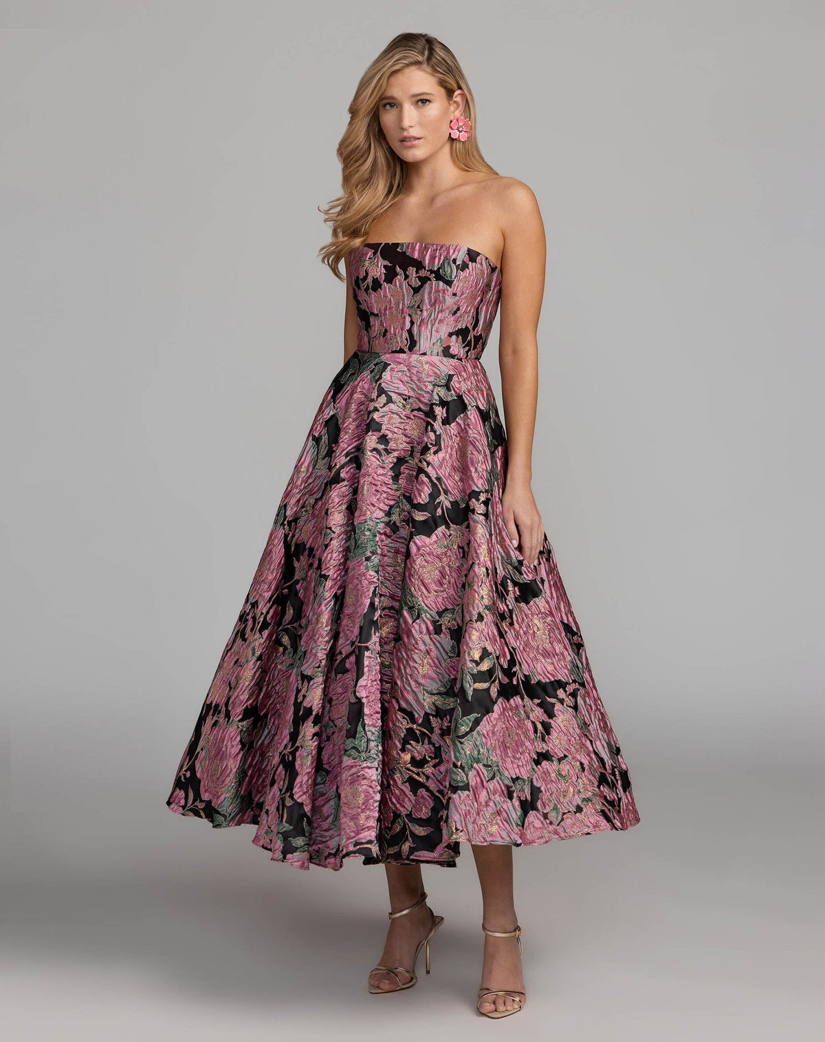 Black Multi Strapless Brocade Midi Dress With Pockets