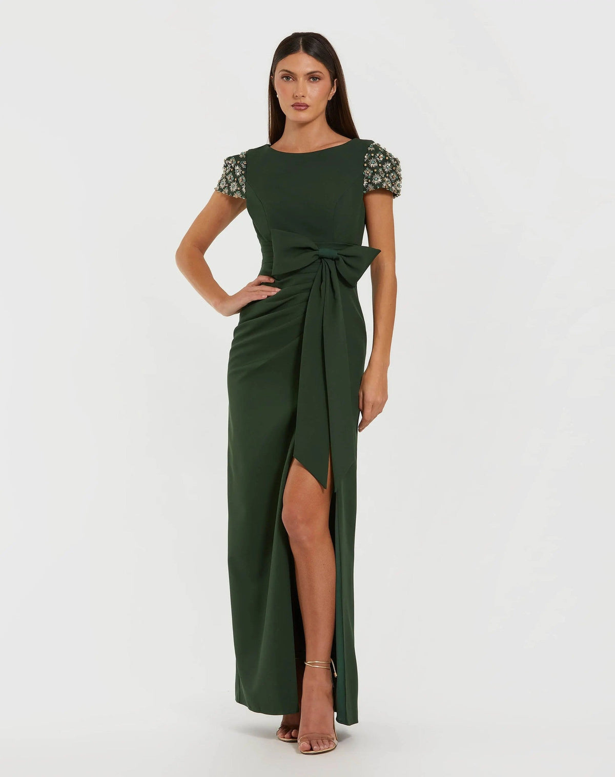 Dark Green Beaded Cap Sleeve Crepe Gown With Bow and Slit