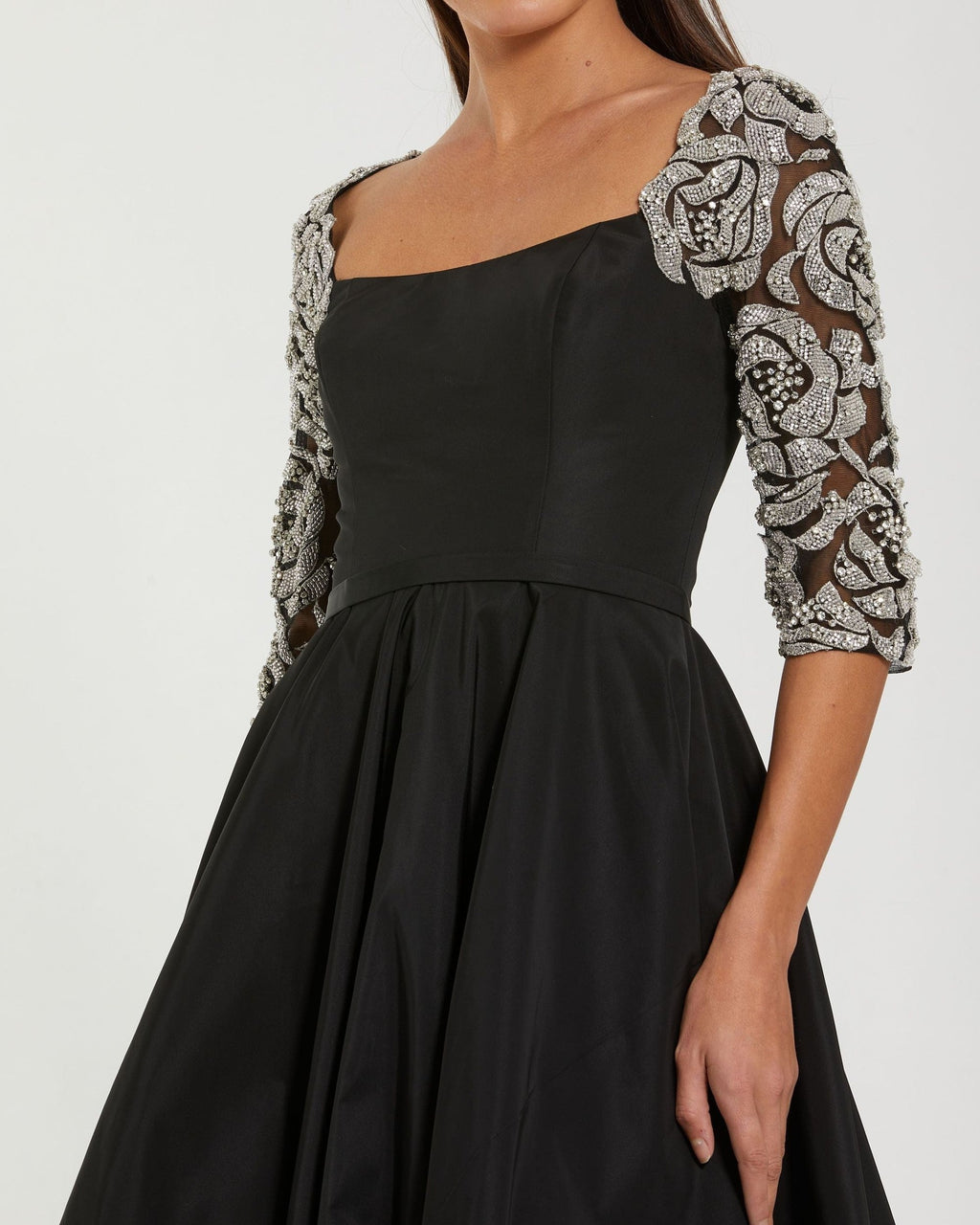 Black Bubble Hem Midi Dress With Embellished Sleeves