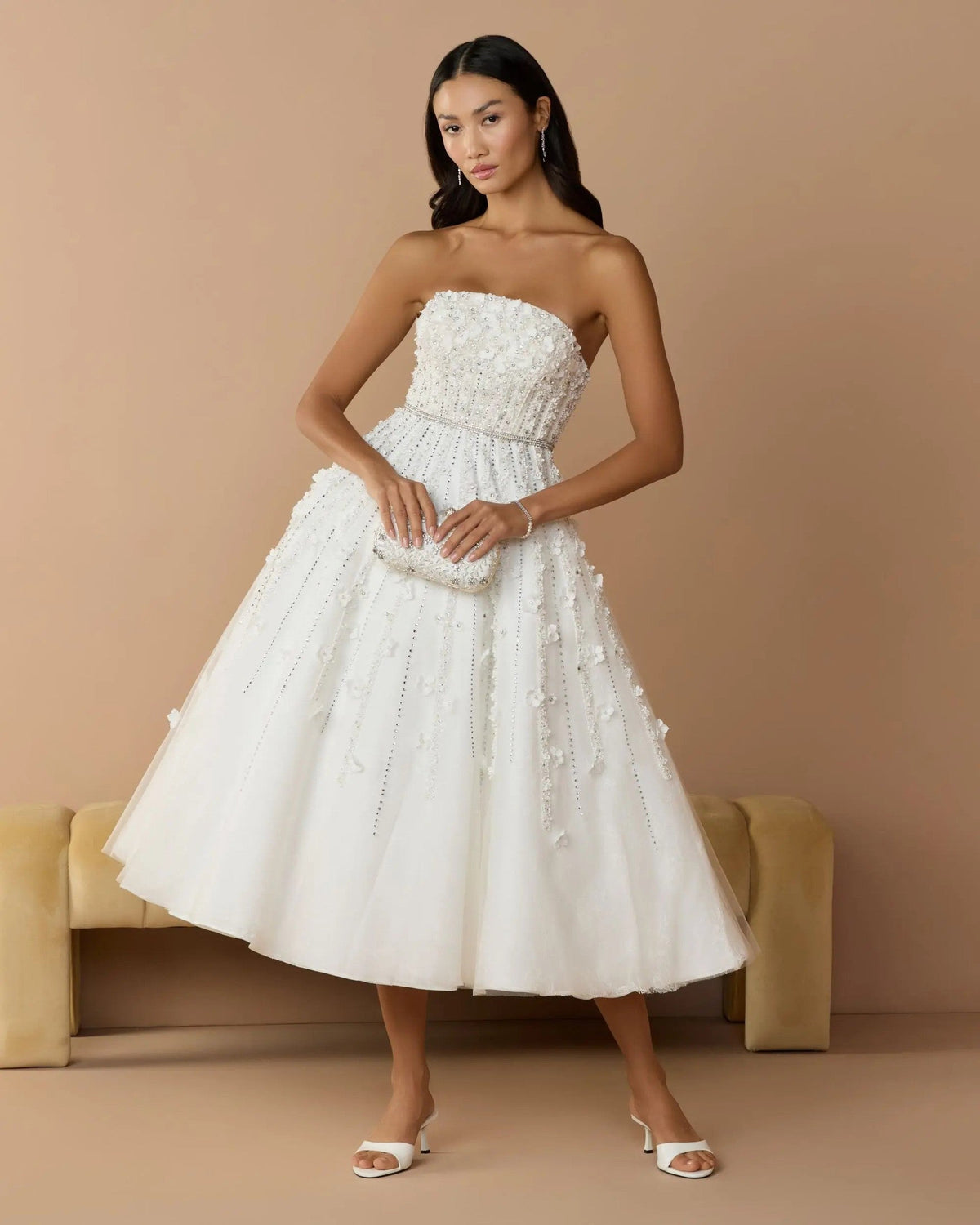 Ivory Strapless Floral Embellished Midi Dress