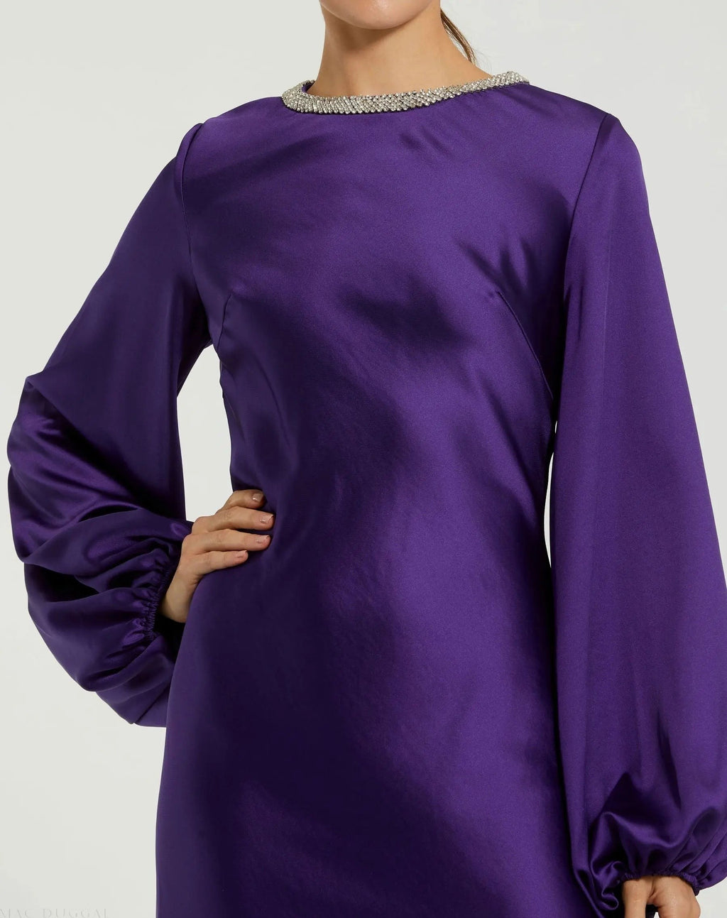 Royal Purple Rhinestone Neckline Satin Midi Dress