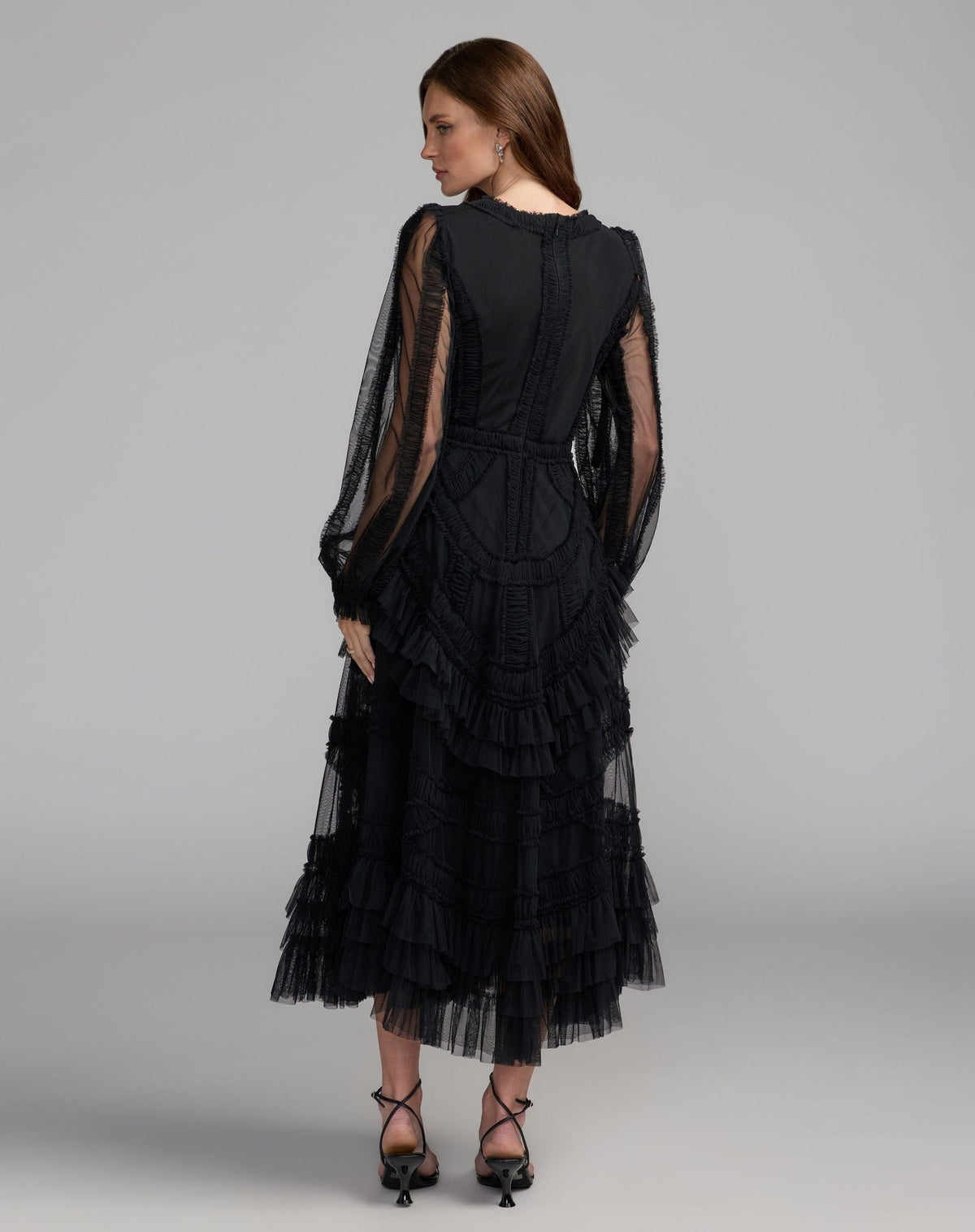 Black Long Sleeve V-Neck Micro Ruffle Midi Dress