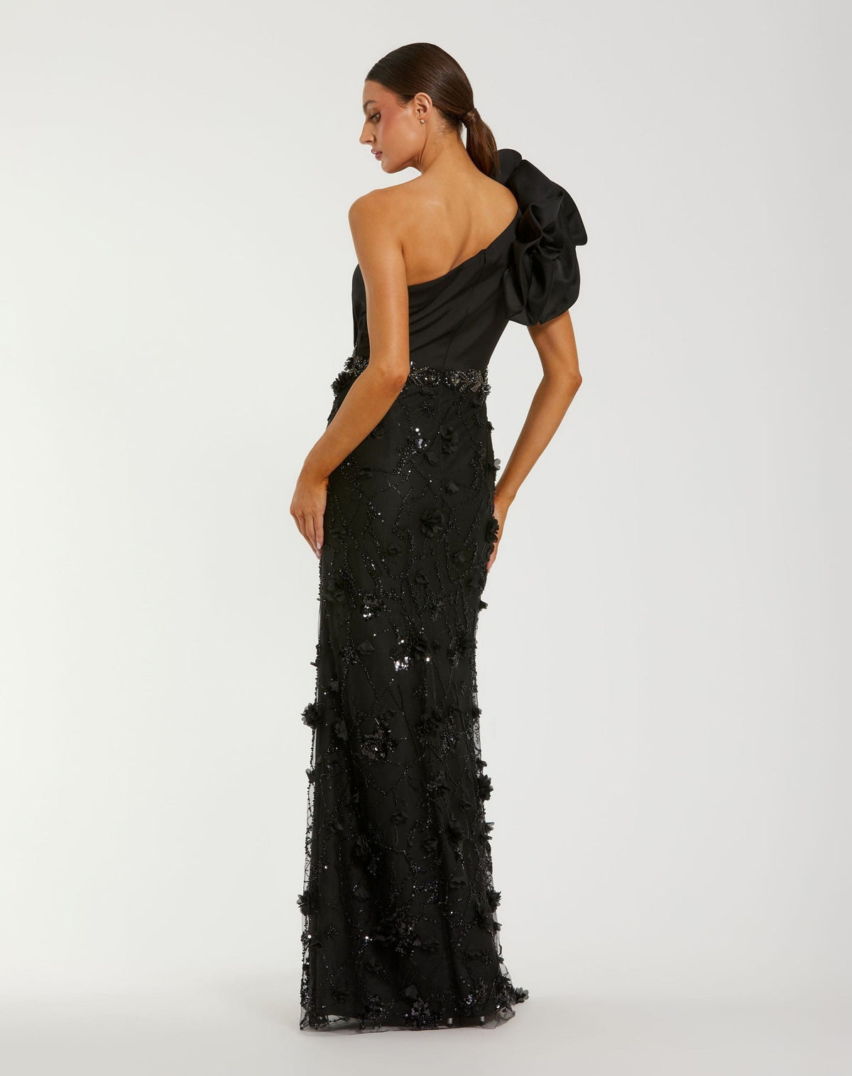 Black Ruffle One Shoulder Embellished Evening Gown