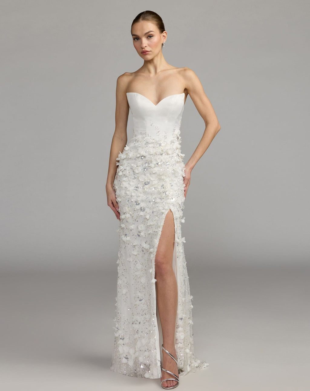 Ivory Strapless 3D Floral Embellished Crepe Gown With Slit