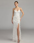 Ivory Strapless 3D Floral Embellished Crepe Gown With Slit