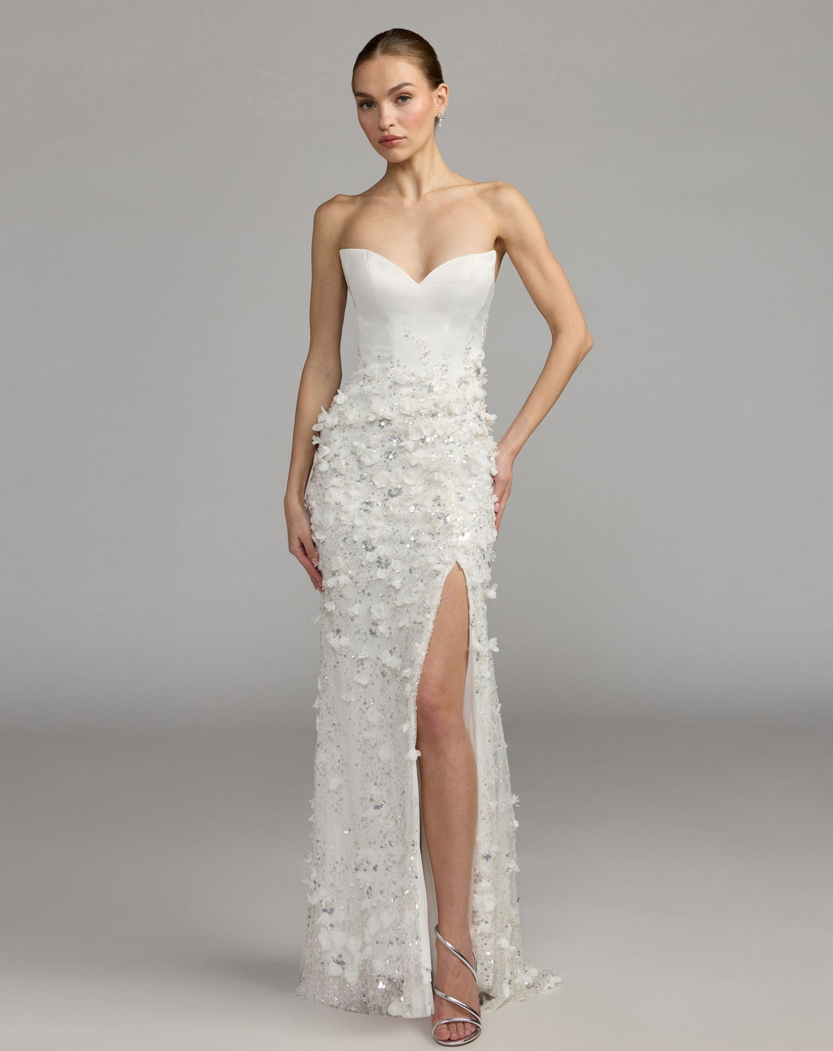 Ivory Strapless 3D Floral Embellished Crepe Gown With Slit