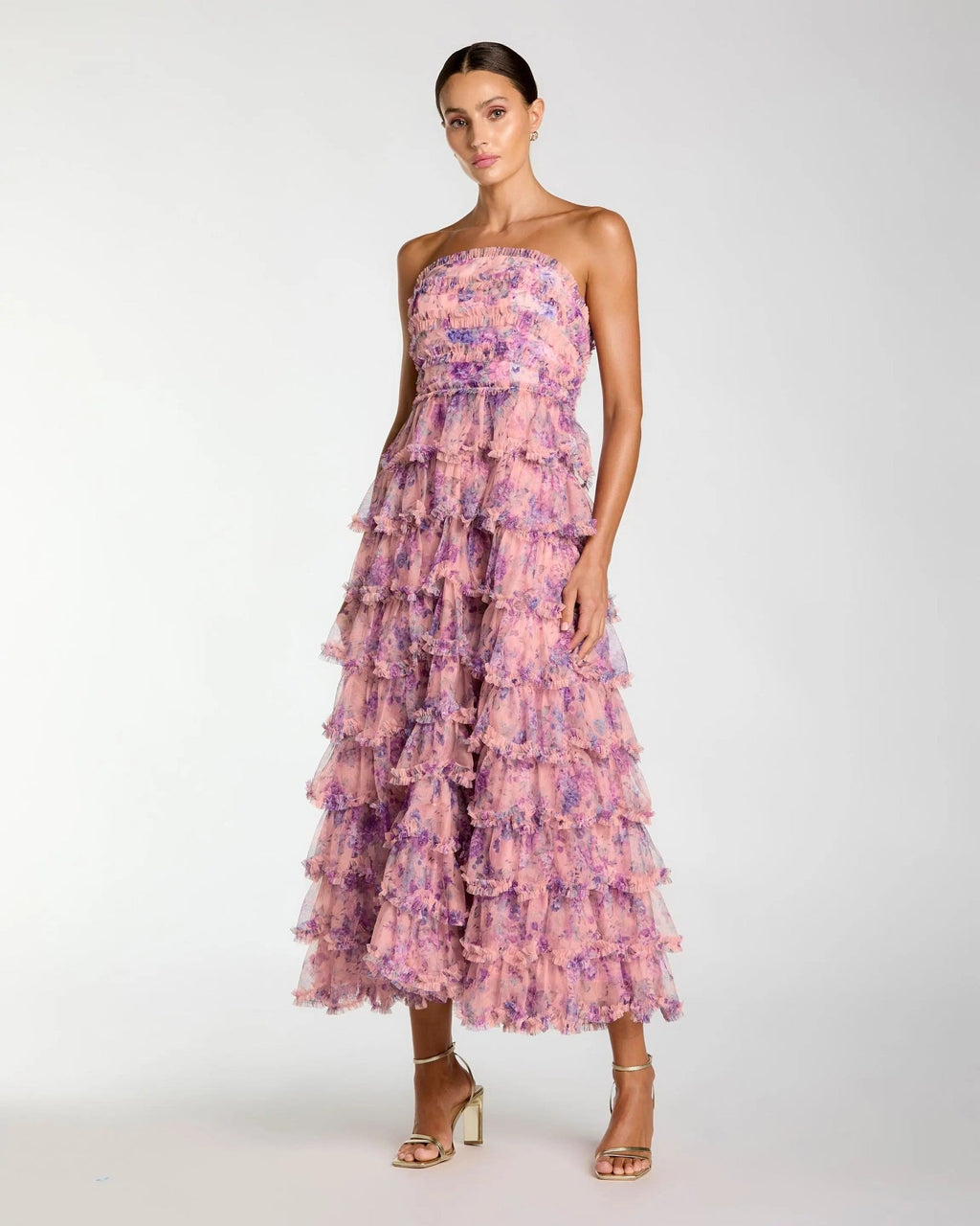 Orchid Multi Floral Ruffle Strapless Midi Dress
