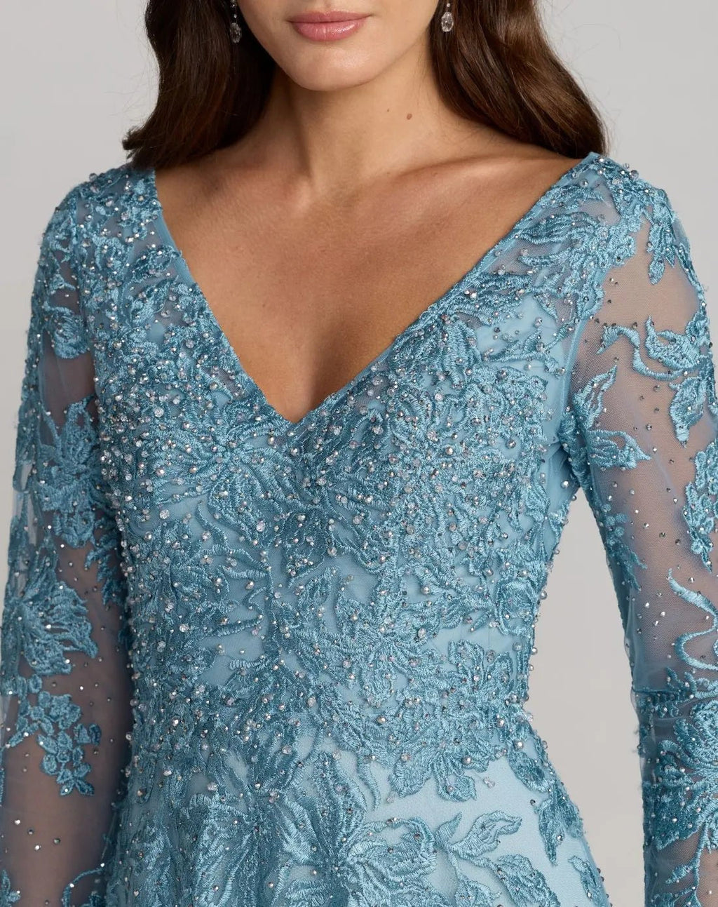 Blue Embroidered Long Sleeve A-Line Gown