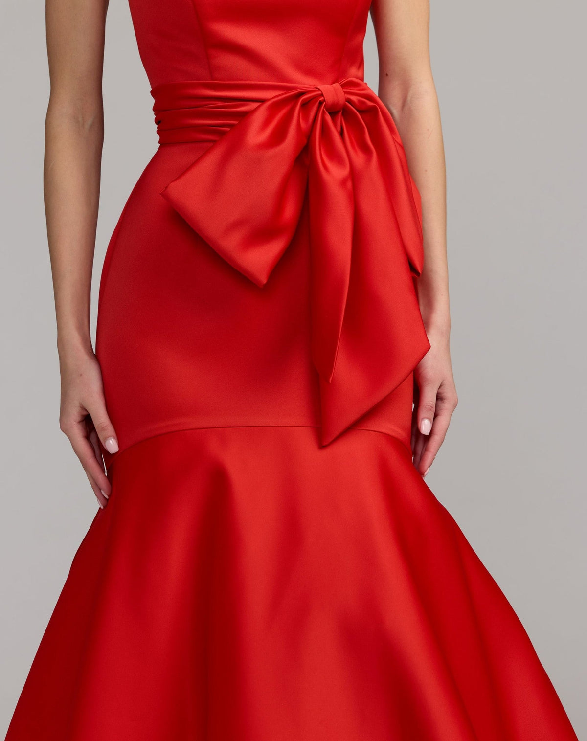 Red Strapless Satin Mermaid Gown with Oversize Bow