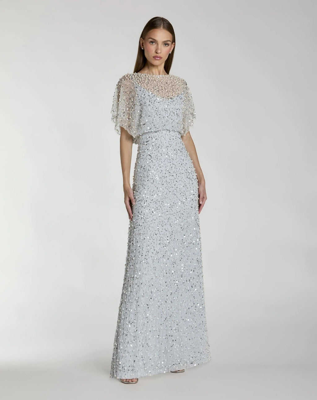 Powder Blue High Neck Short Sleeve Embellished Gown