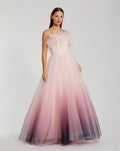 Pink Ombre Strapless Feather Bodice Tulle Gown