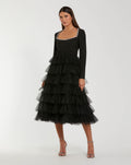 Black Crystal Trim Tiered Tulle Midi Dress
