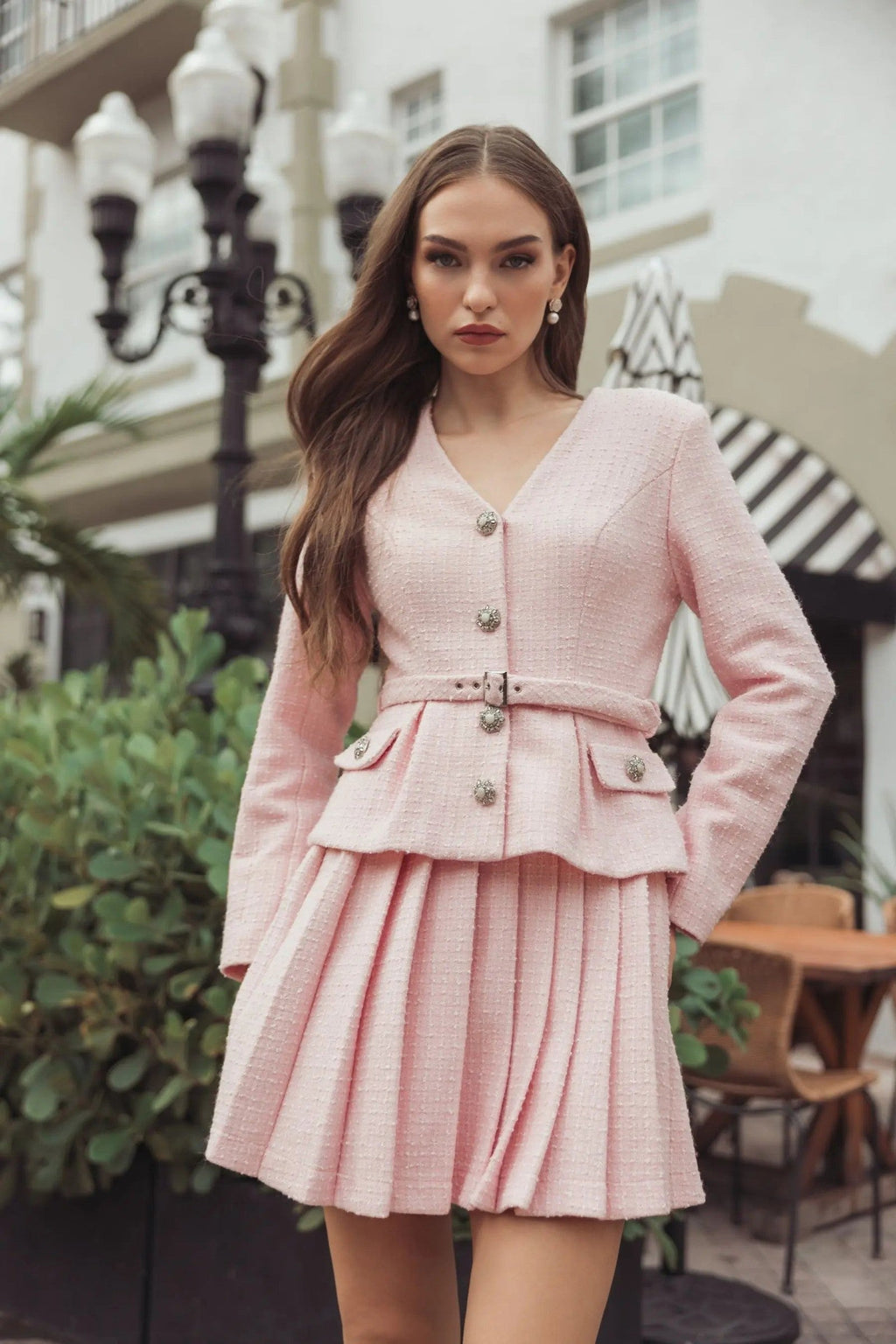 Blush Boucle Long Sleeve V-Neck Mini Dress