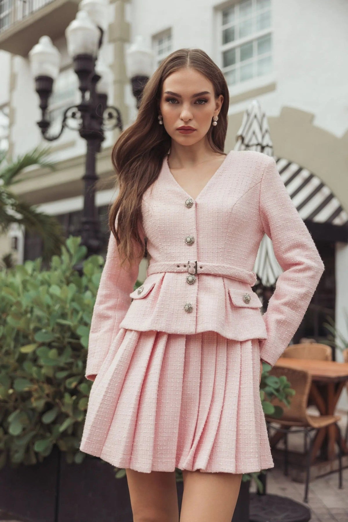 Blush Boucle Long Sleeve V-Neck Mini Dress