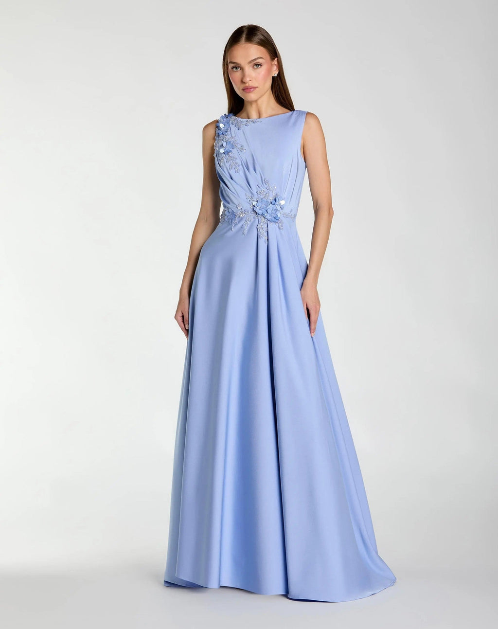 Powder Blue Floral Applique Sleeveless A-Line Gown