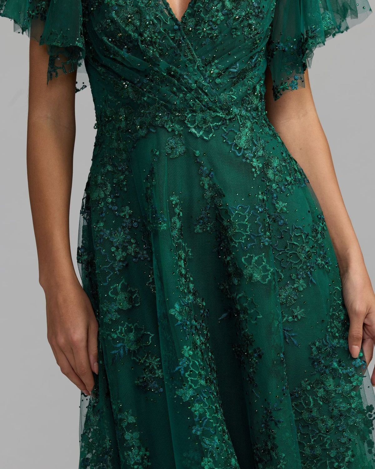 Emerald Embroidered Flutter Sleeve A Line Cocktail Dress