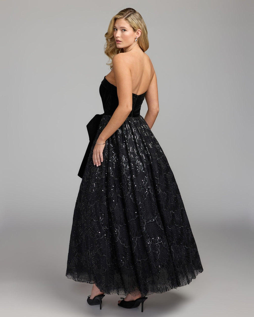 Black Velvet Bow Sequin Strapless A-Line Gown
