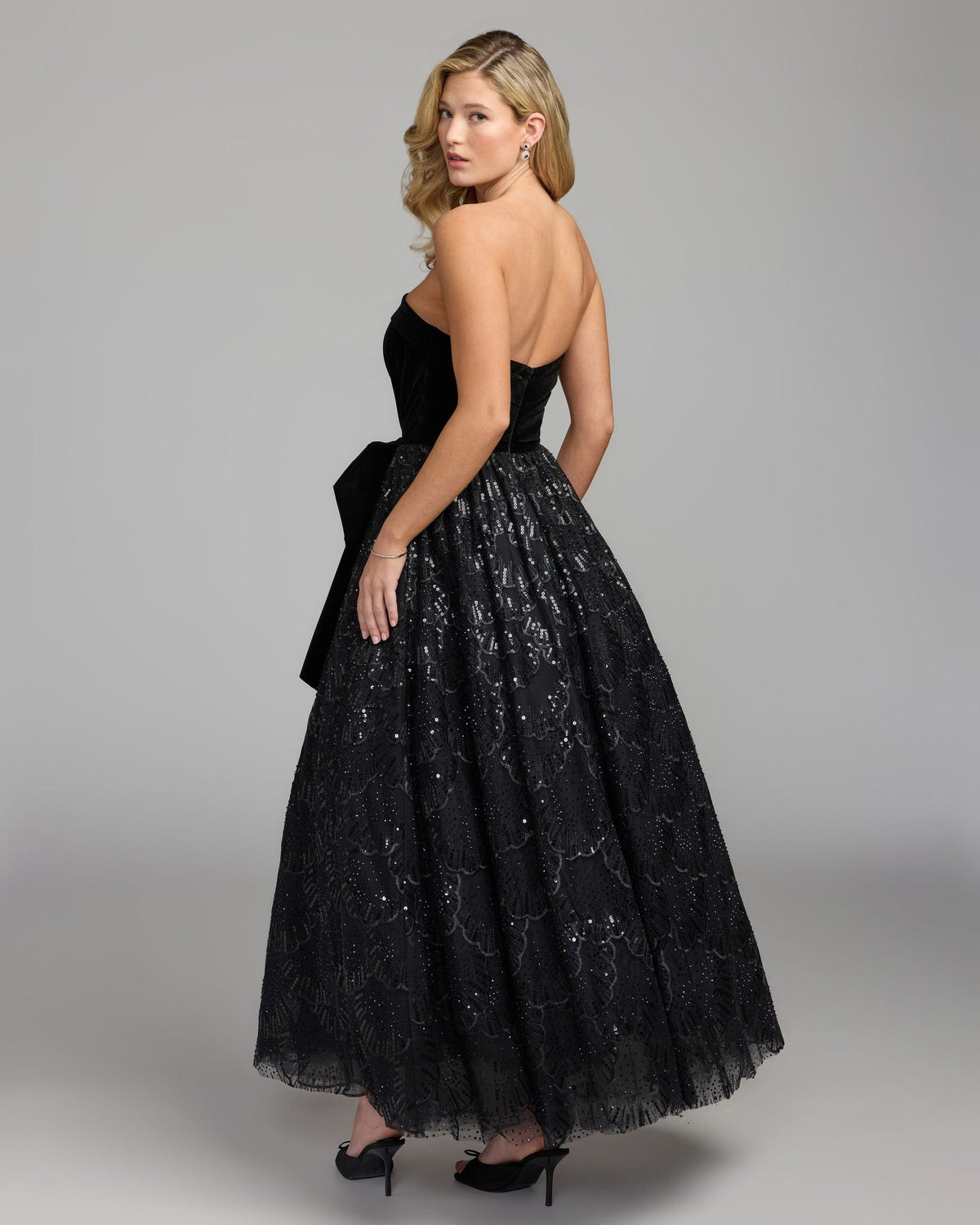 Black Velvet Bow Sequin Strapless A-Line Gown