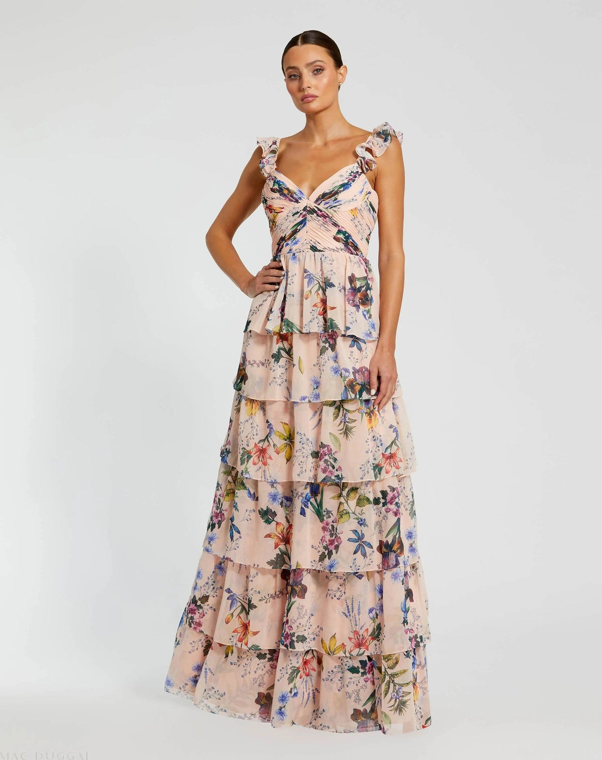 Pink Ruffle Sleeveless Chiffon Tiered Floral Print Gown