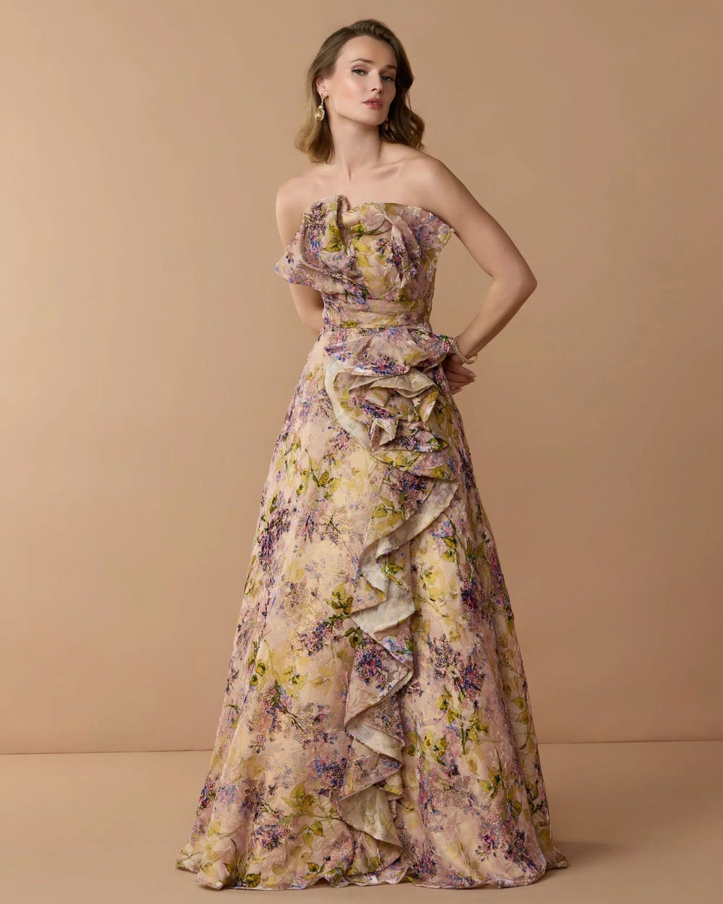 Blush Multi Strapless Floral Ball Gown With Ruffle Detail