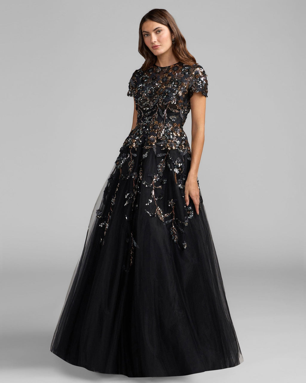Black Floral Embellished High Neck Tulle Ball Gown