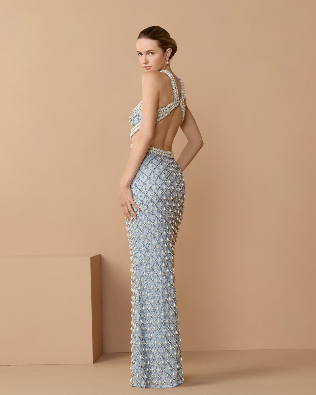 Vintage Blue Pearl Embellished Open Back Gown