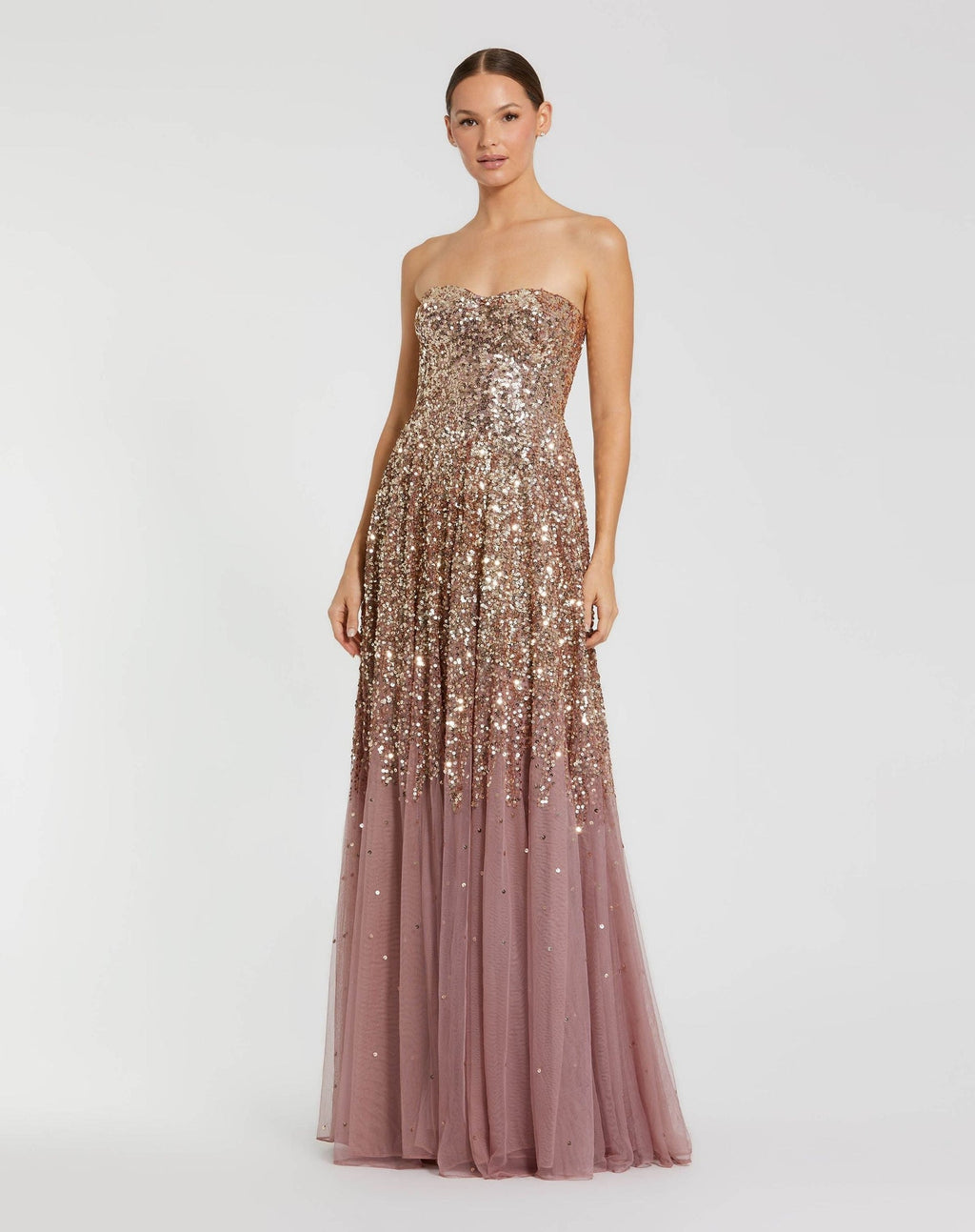 Gold Amethyst Strapless Sweetheart Neck Sequin Ombre Gown