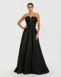 Petite Black Strapless Satin Floral Embellished Ball Gown