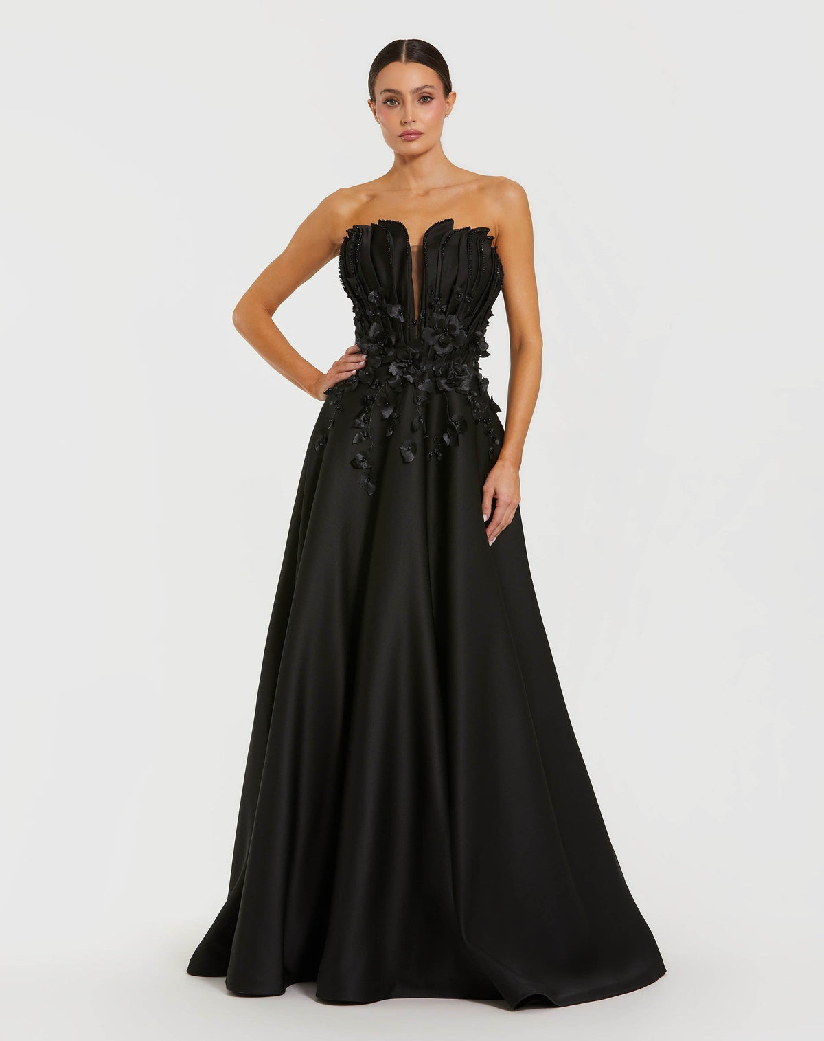 Petite Black Strapless Satin Floral Embellished Ball Gown